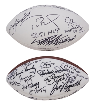 Lot of (2) The Most Complete Super Bowl MVP Signed Footballs With An Incredible 47 Signatures Total & MVP Inscriptions including Tom Brady (4), Smith, Starr, Namath, Montana (JSA, Steiner & Beckett)